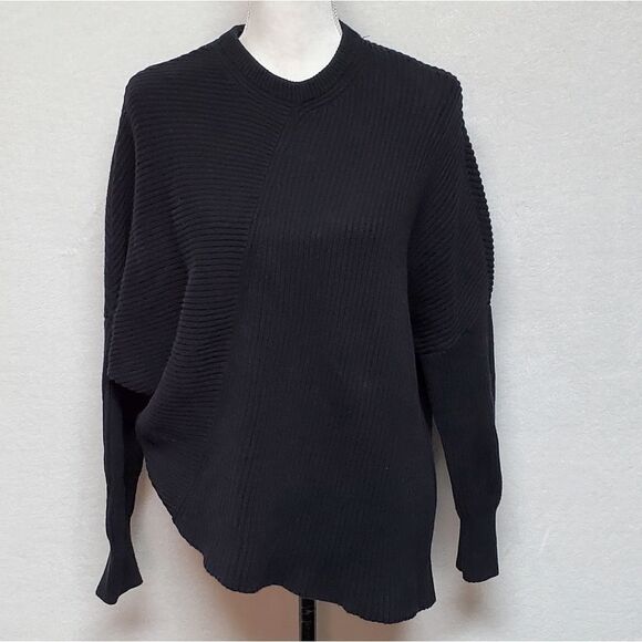 FREE People Downtown Black Dolman Sleeve Asymmetrical Ribbed Knit Sweater Medium - Picture 2 of 14